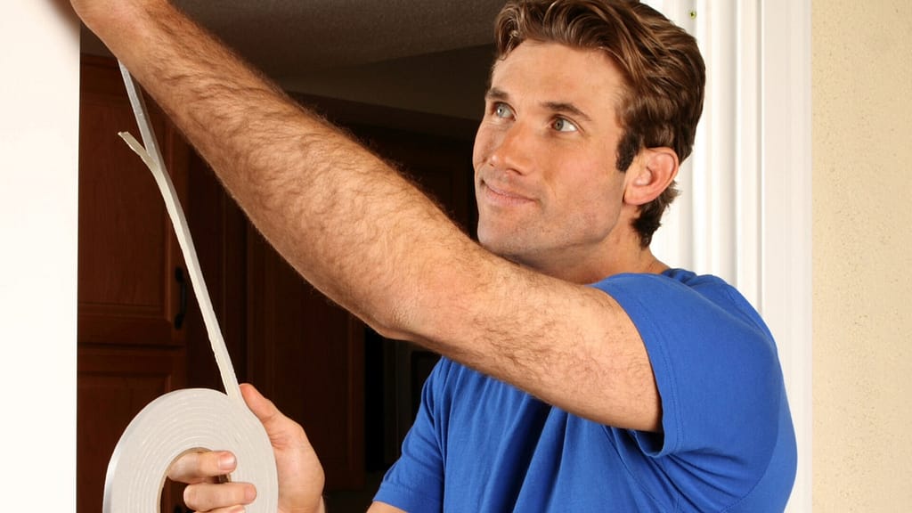 person weatherstripping the door frame