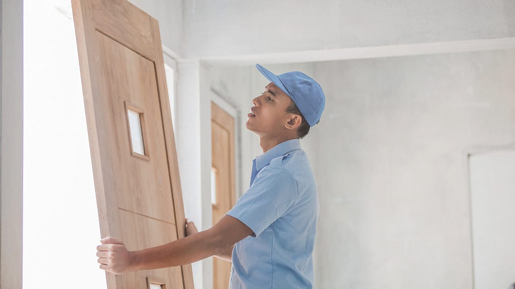 Contractor installing a custom door